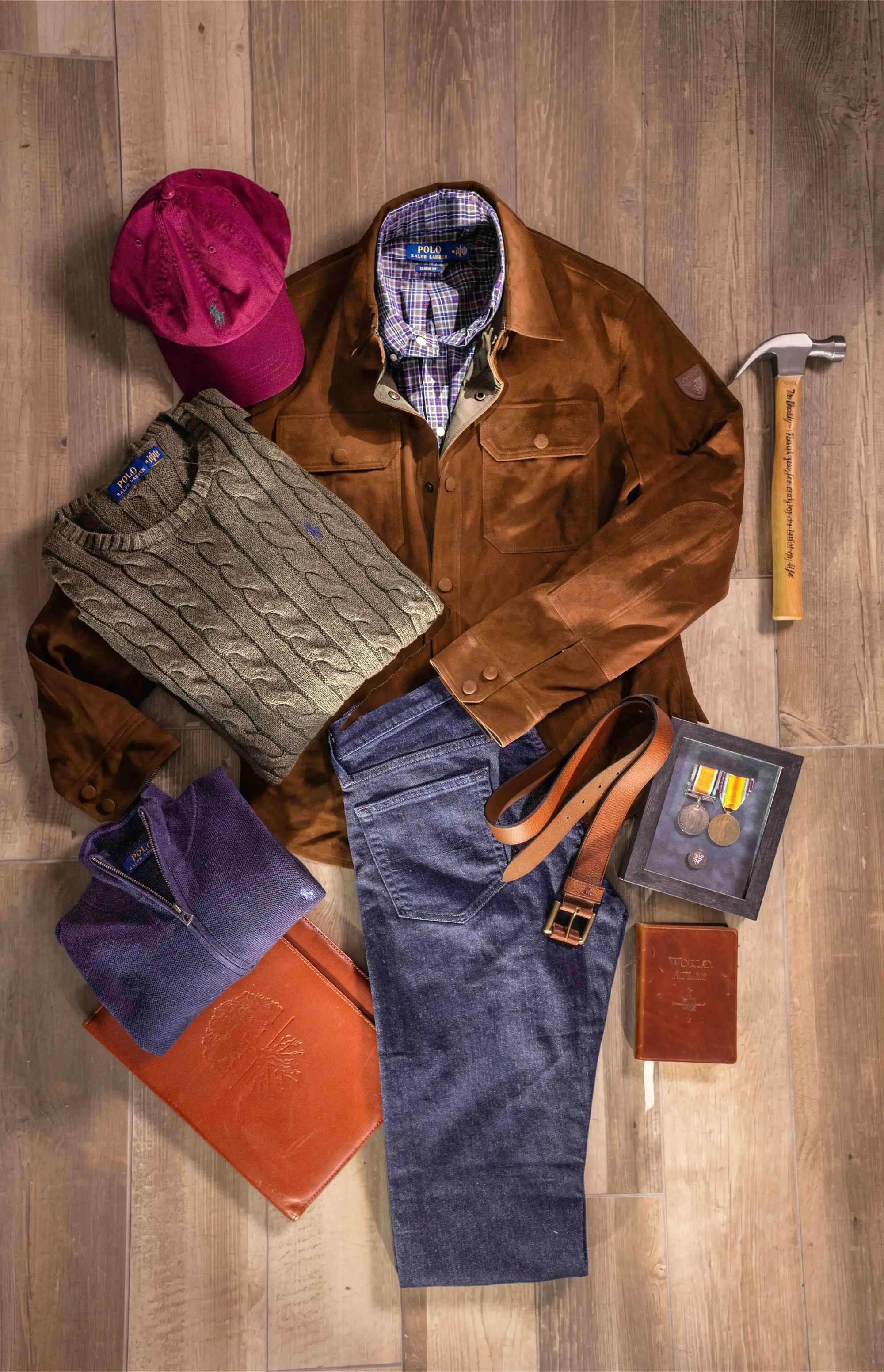 HANK menswear arranged on a wooden table