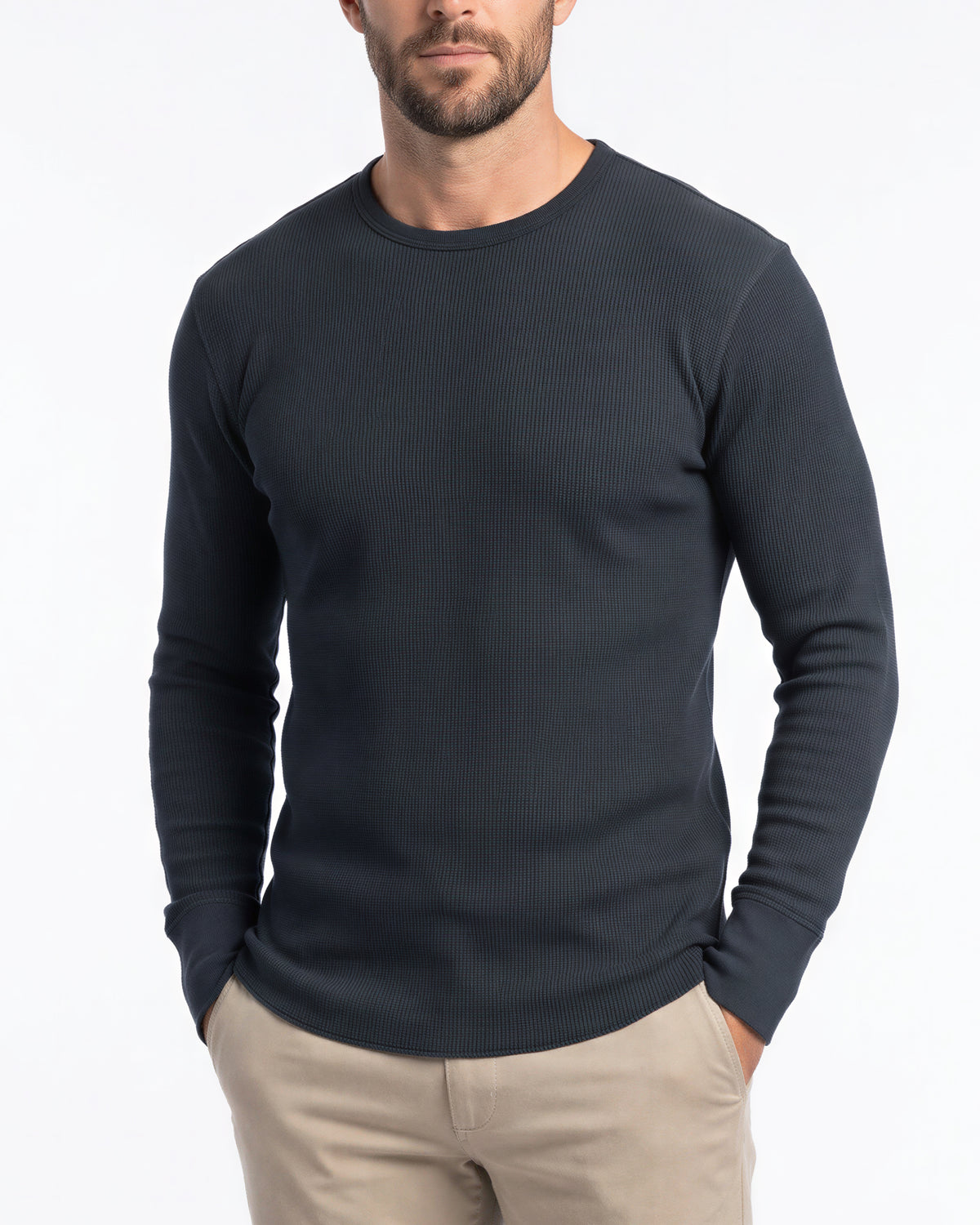 Benson Long Sleeve Waffle Knit Crewneck Shirt – Navy