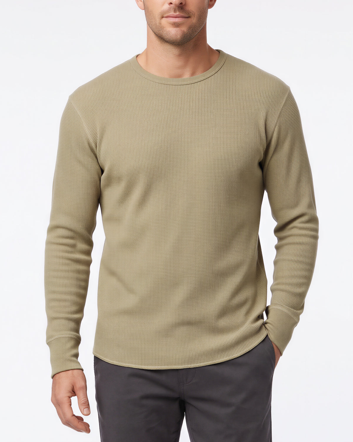 Benson Long Sleeve Waffle Knit Crewneck Shirt – Taupe