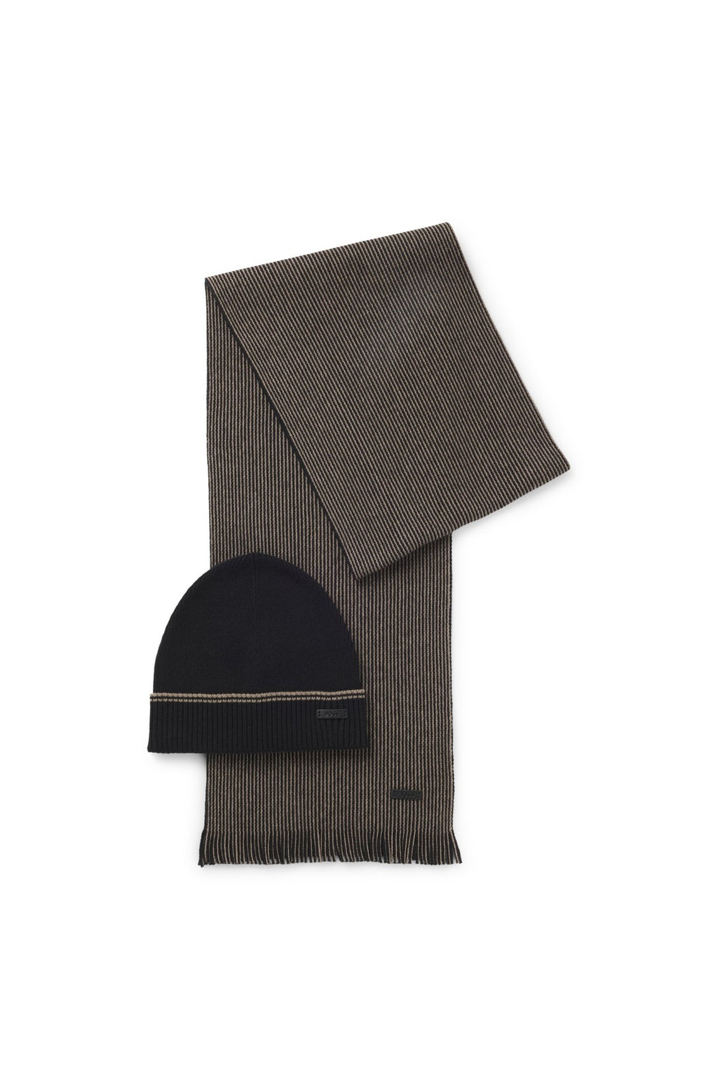 HUGO BOSS Cotton-Wool Mix Beanie and Scarf Set – Black