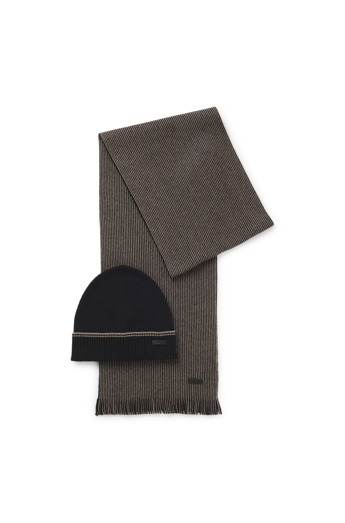 HUGO BOSS Cotton-Wool Mix Beanie and Scarf Set – Black