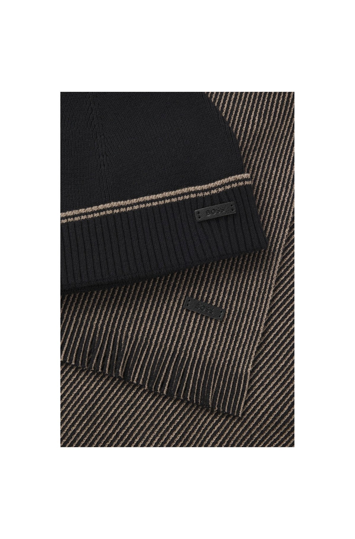 HUGO BOSS Cotton-Wool Mix Beanie and Scarf Set – Black
