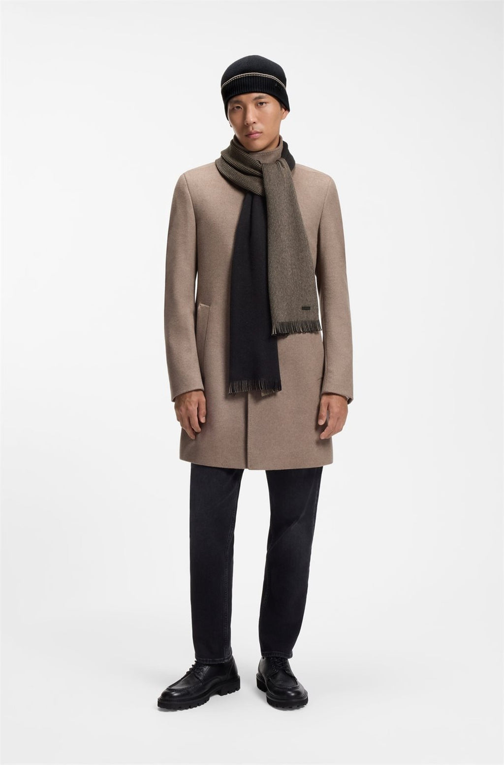 HUGO BOSS Cotton-Wool Mix Beanie and Scarf Set – Black
