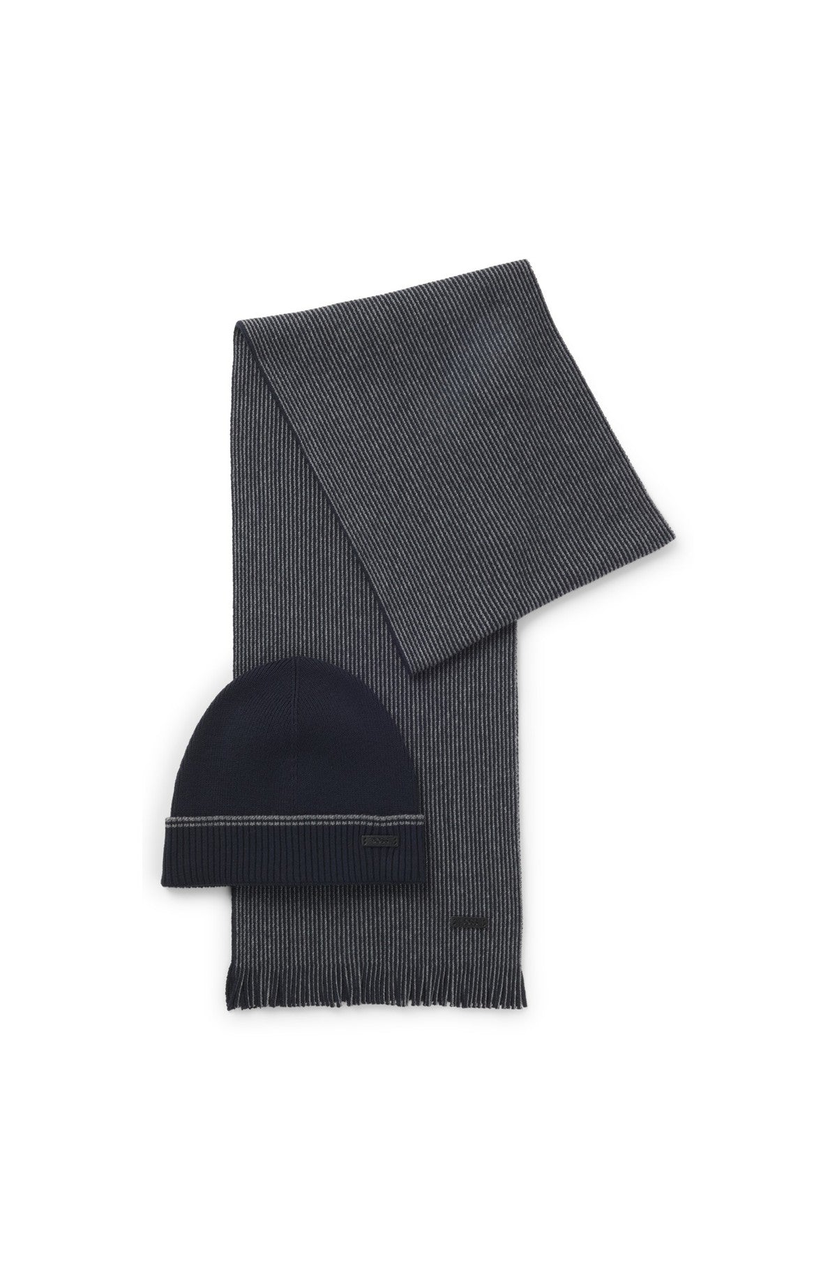 HUGO BOSS Cotton-Wool Mix Beanie and Scarf Set – Dark Blue