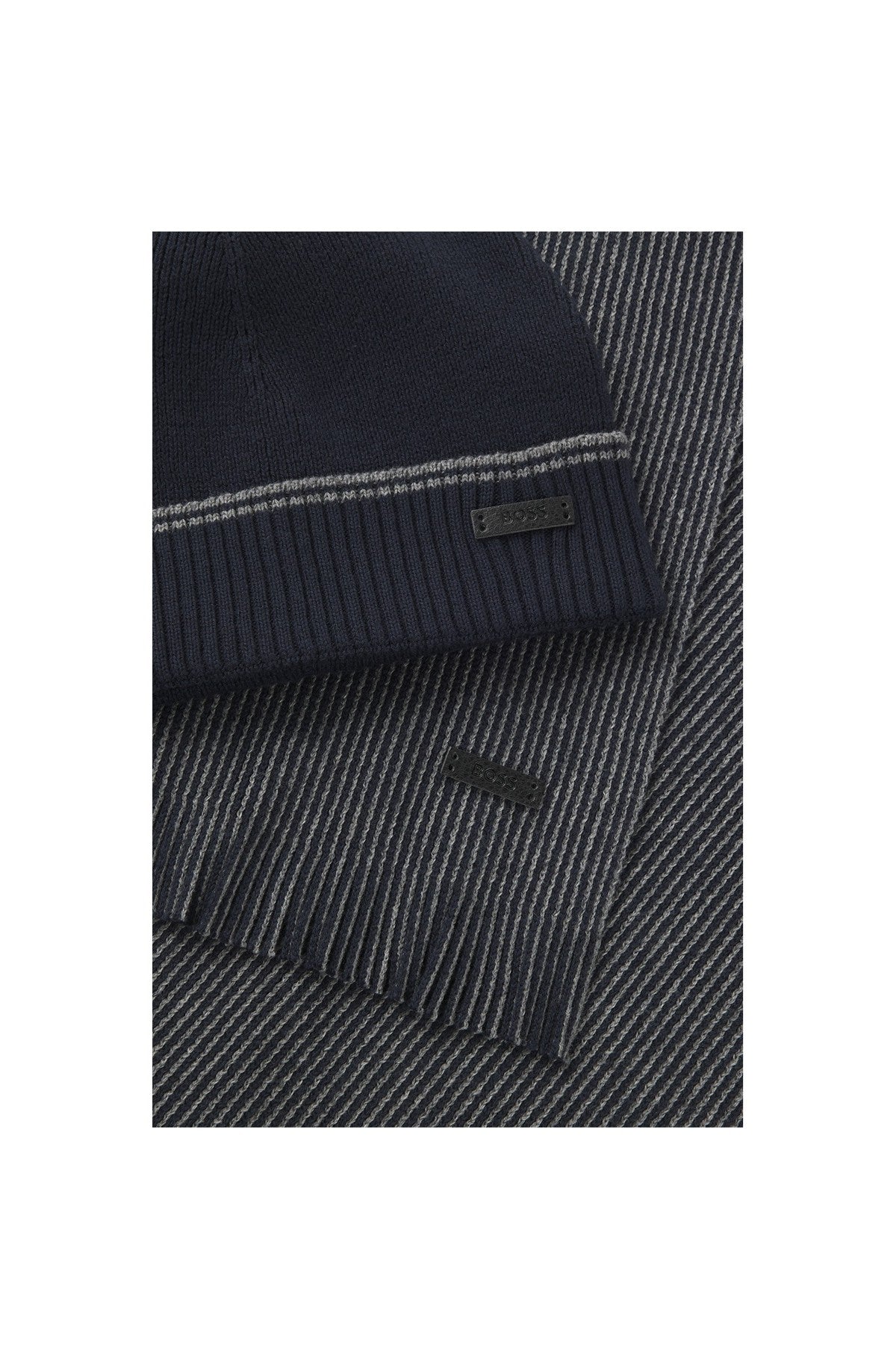 HUGO BOSS Cotton-Wool Mix Beanie and Scarf Set – Dark Blue