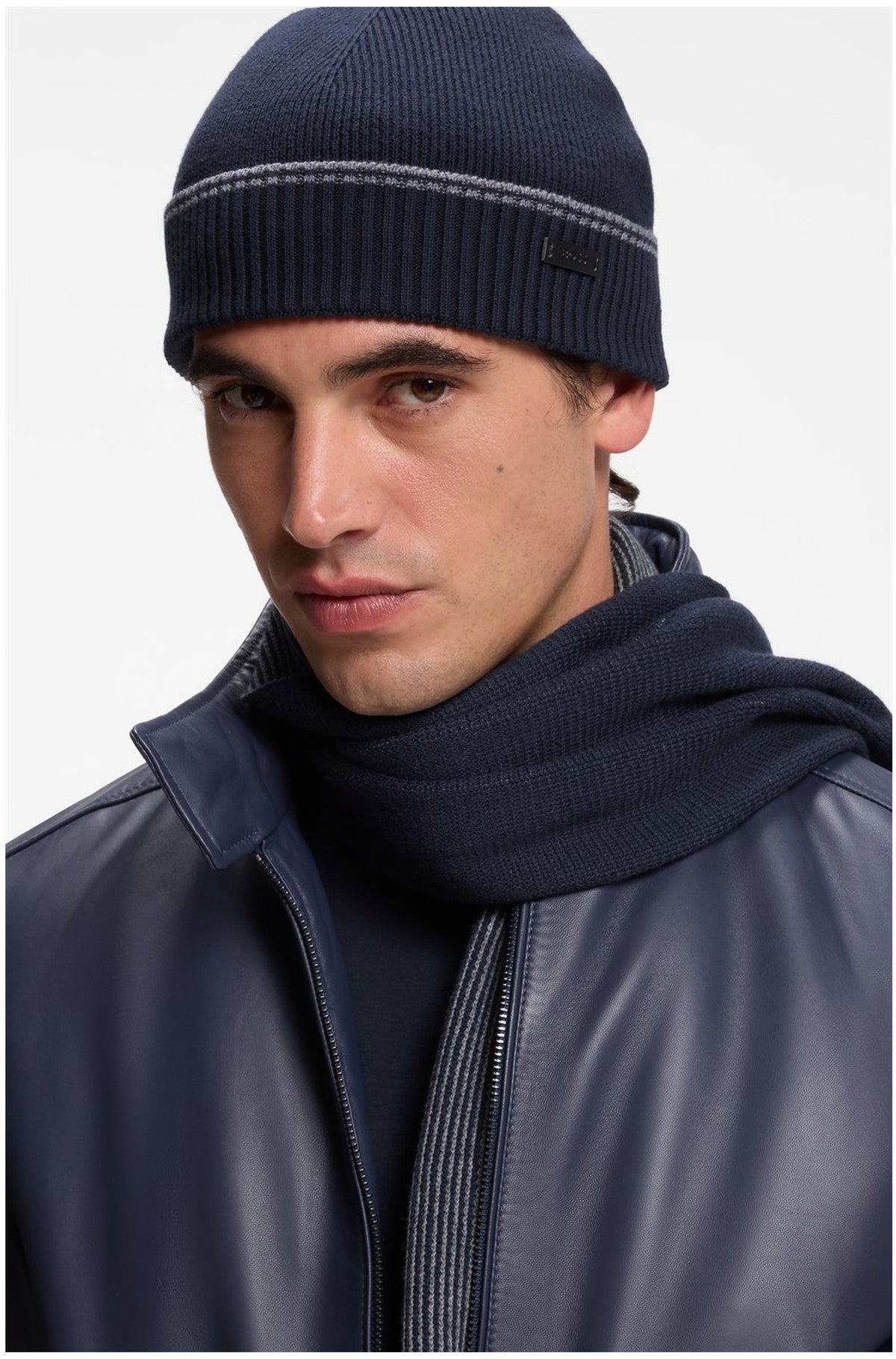 HUGO BOSS Cotton-Wool Mix Beanie and Scarf Set – Dark Blue