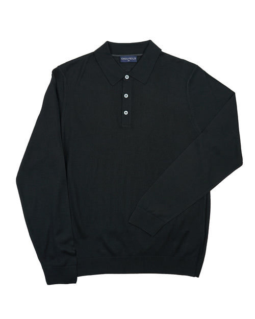 Caulfeild 1886 Long Sleeve Merino 3 Button Polo – Black