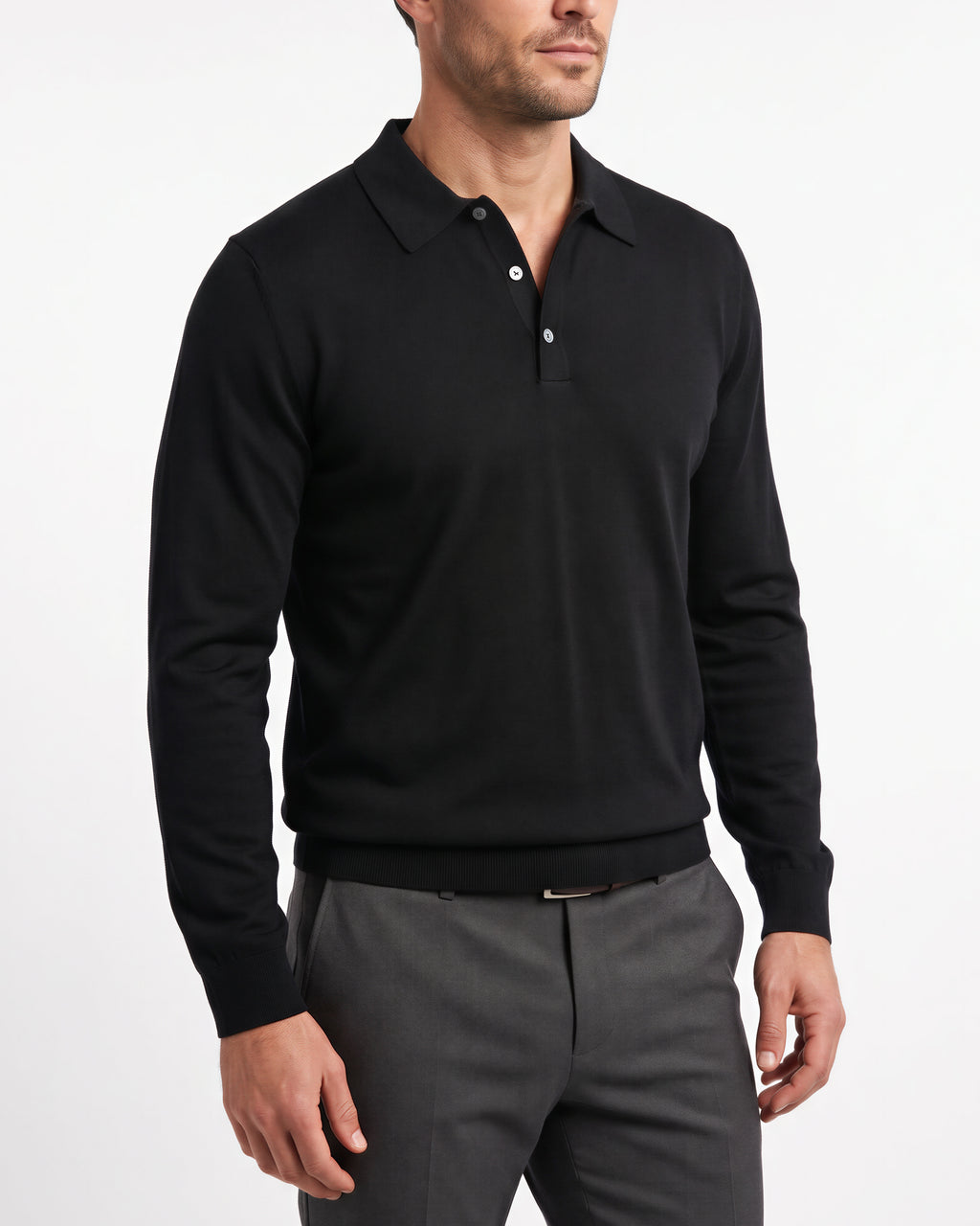 Caulfeild 1886 Long Sleeve Merino 3 Button Polo – Black