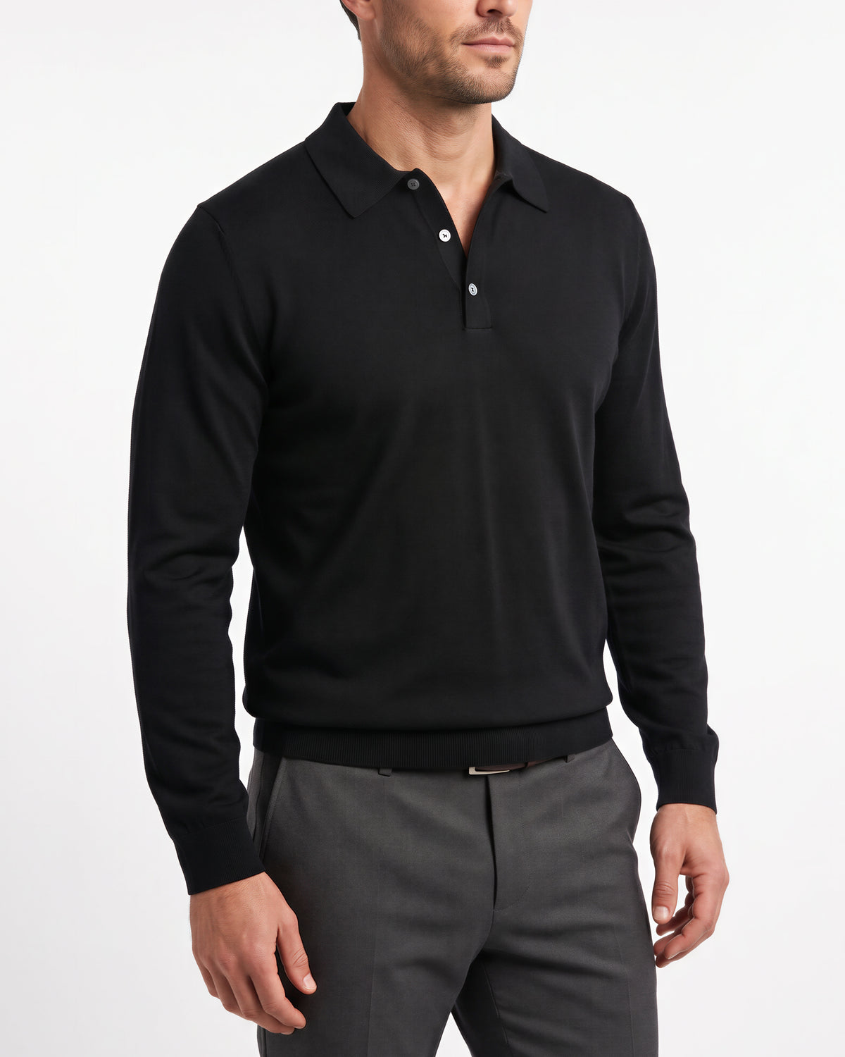 Caulfeild 1886 Long Sleeve Merino 3 Button Polo – Black
