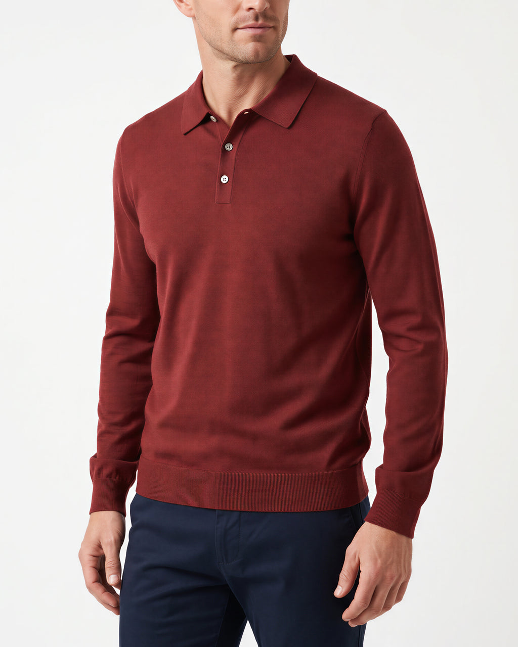 Caulfeild 1886 Long Sleeve Merino 3 Button Polo – Burgundy