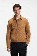 Hugo Boss Suede leather jacket with zip closure in Brown