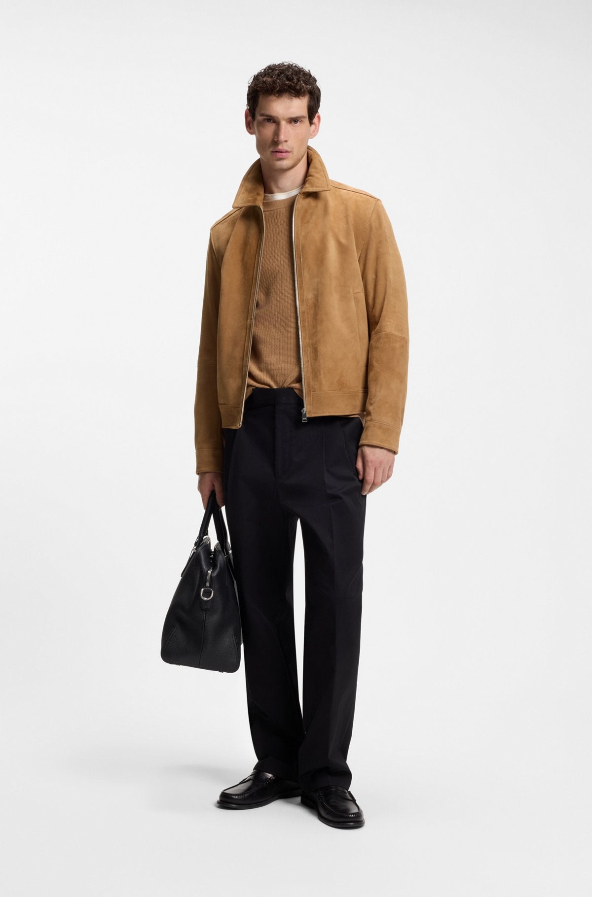 Hugo Boss Suede leather jacket with zip closure in Brown