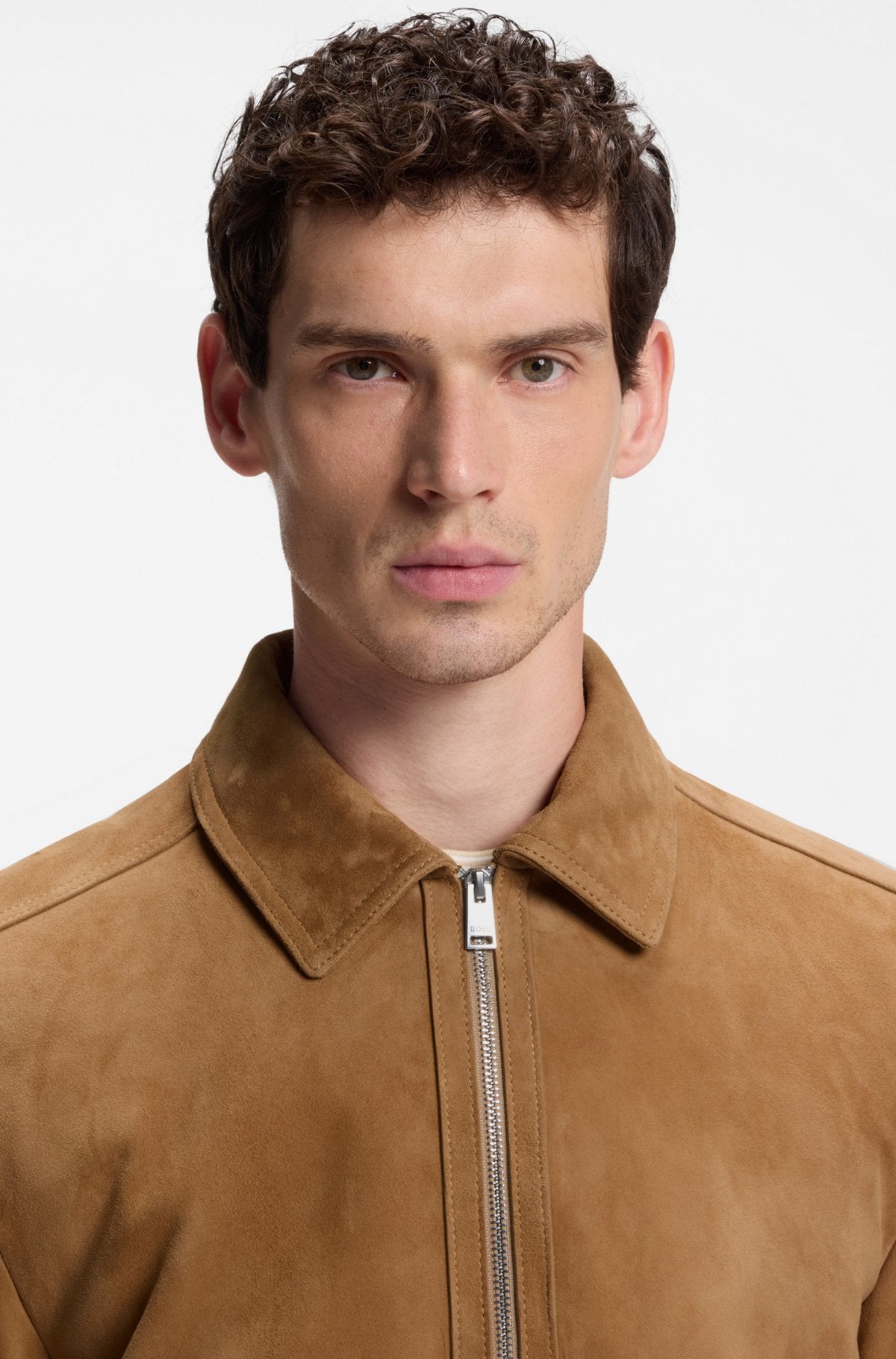 Hugo Boss Suede leather jacket with zip closure in Brown