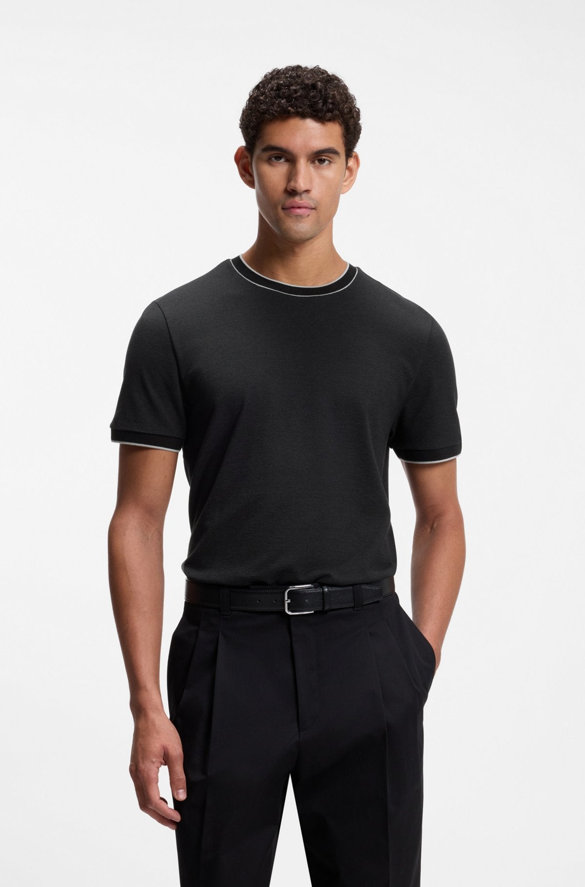 Hugo Boss Regular-fit T-shirt in structured cotton with tipping details in Black