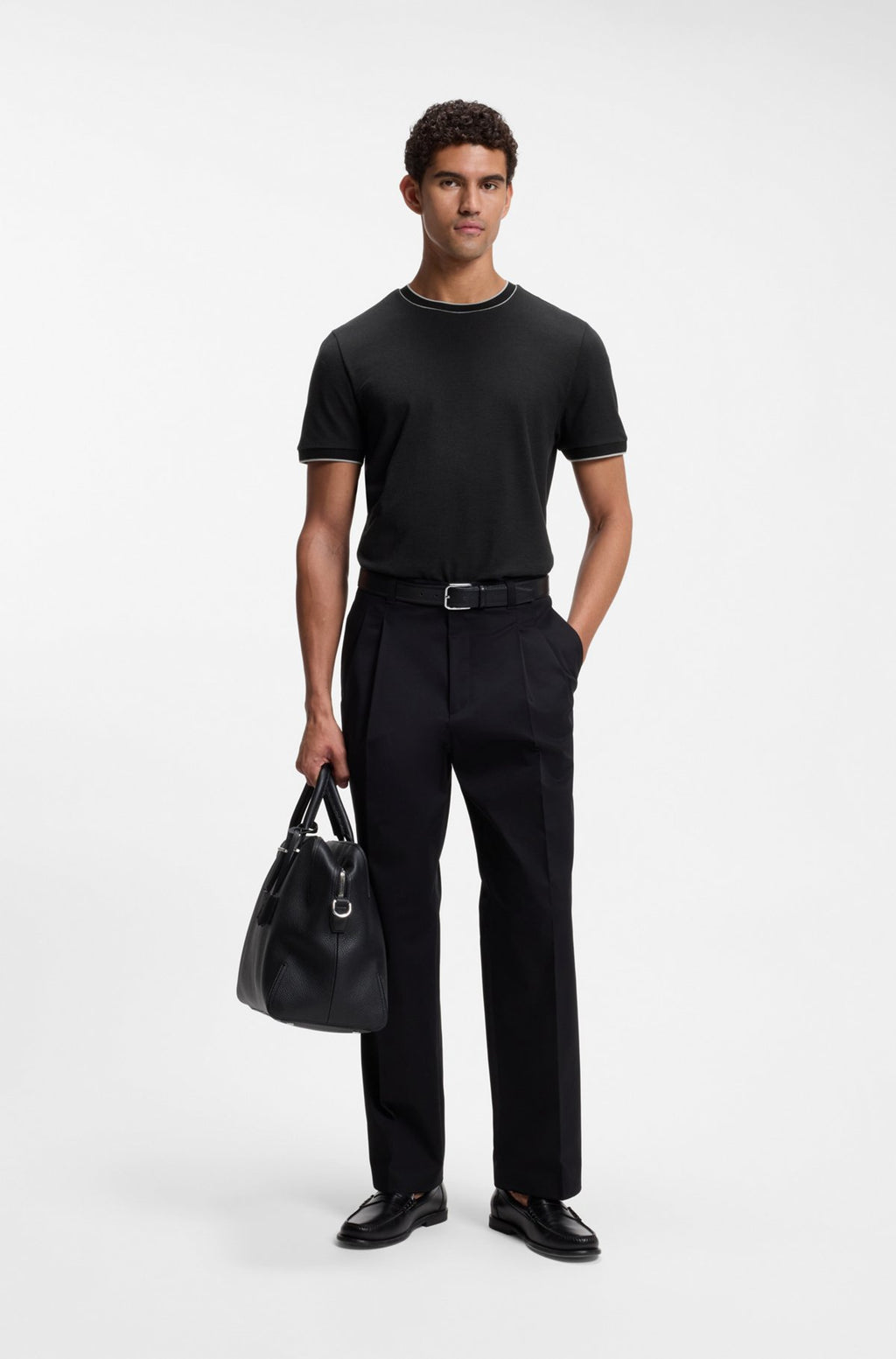 Hugo Boss Regular-fit T-shirt in structured cotton with tipping details in Black