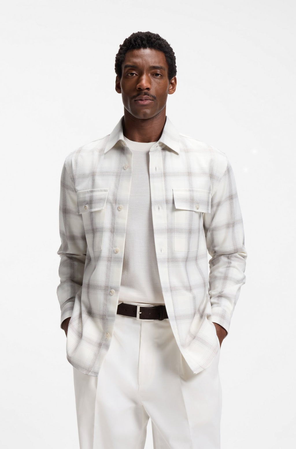 Hugo Boss Relaxed-fit check shirt in virgin wool blend in White