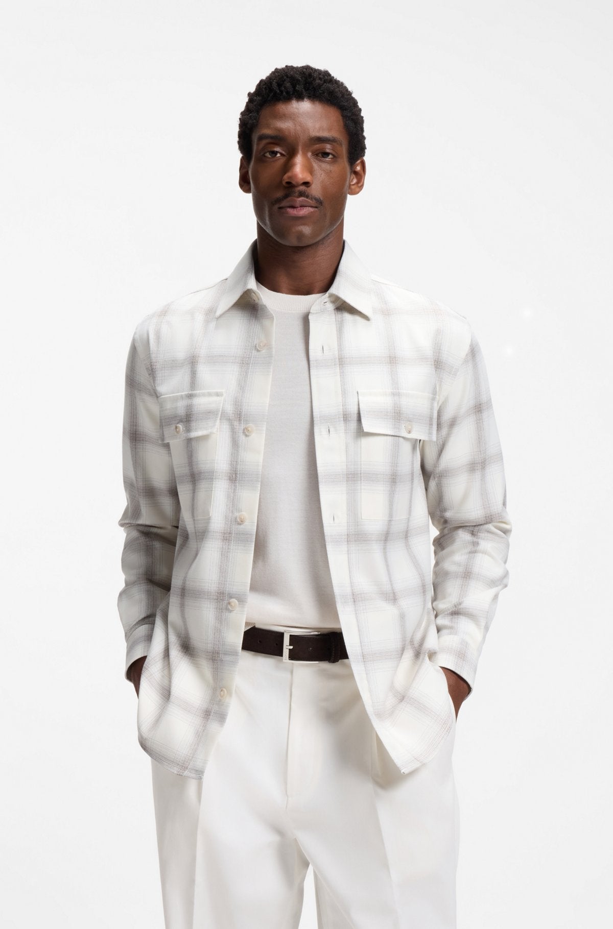 Hugo Boss Relaxed-fit check shirt in virgin wool blend in White
