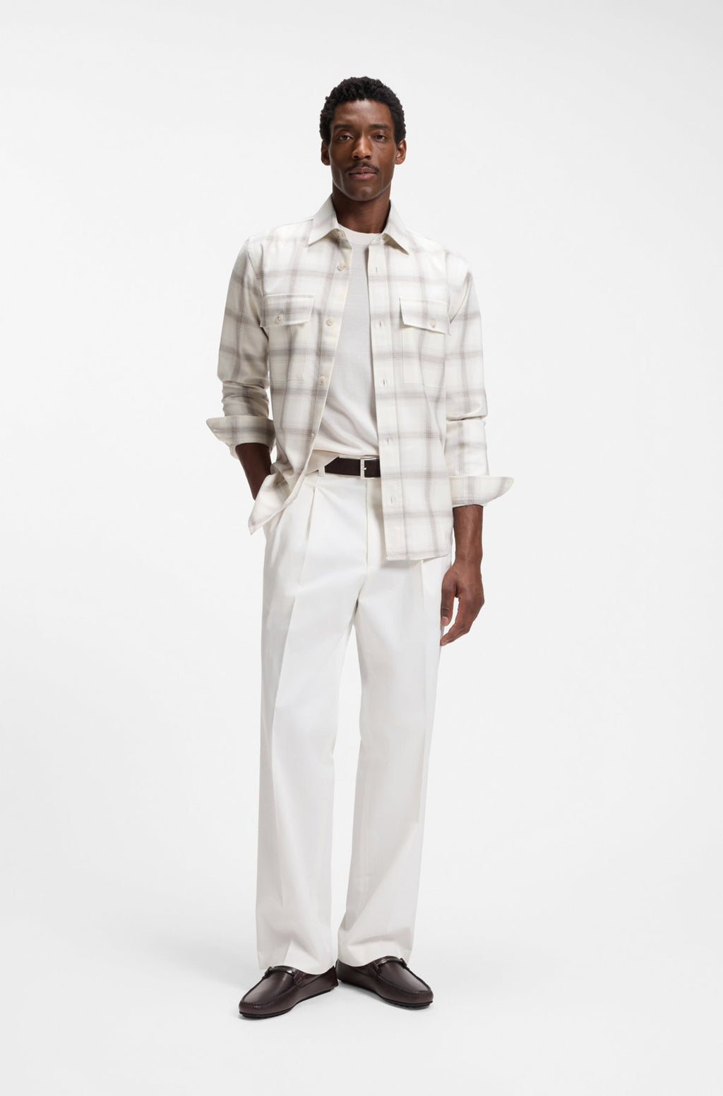 Hugo Boss Relaxed-fit check shirt in virgin wool blend in White