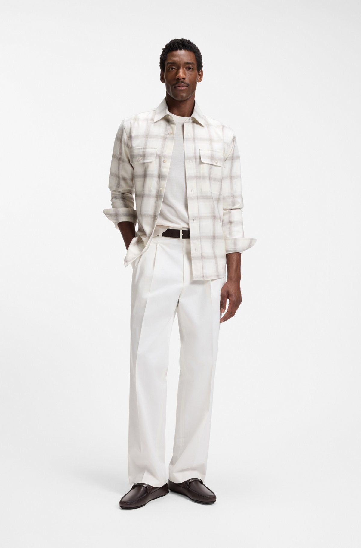Hugo Boss Relaxed-fit check shirt in virgin wool blend in White