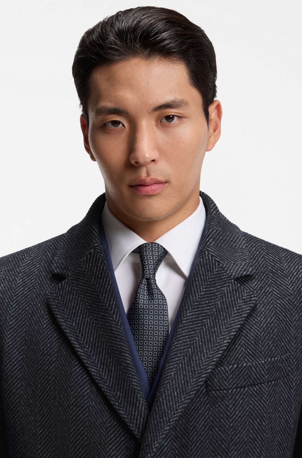 Hugo Boss Regular-fit coat in herringbone wool with cashmere in Dark Blue