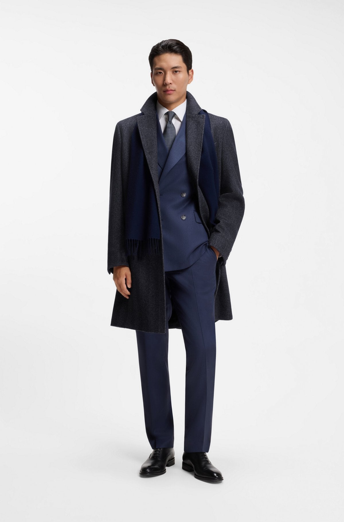 Hugo Boss Regular-fit coat in herringbone wool with cashmere in Dark Blue